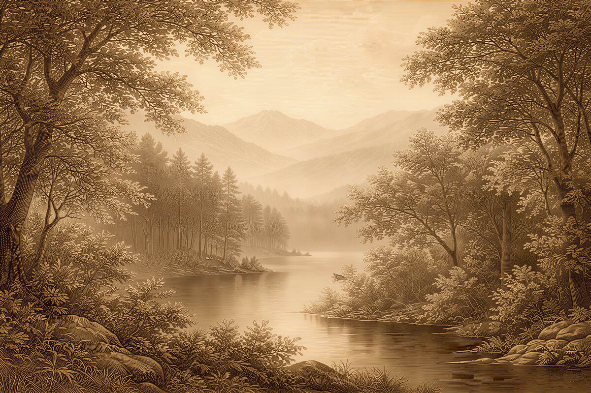 Fototapeten Sepiafarbene Berglandschaft am See