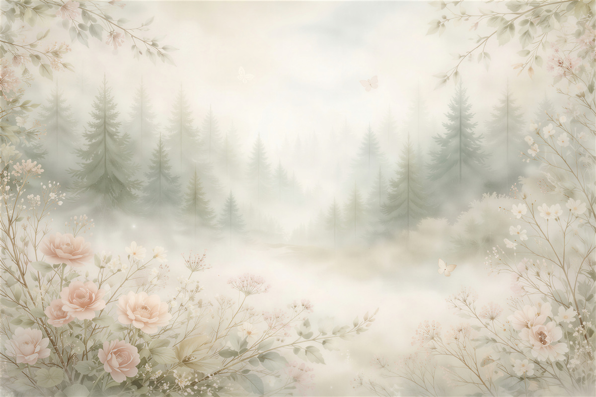 Fototapeten Waldnebel zwischen pastellfarbenen Blumen