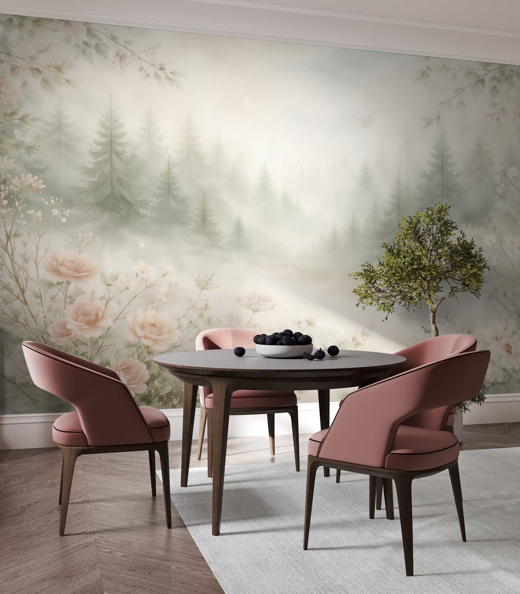 Fototapeten Waldnebel zwischen pastellfarbenen Blumen