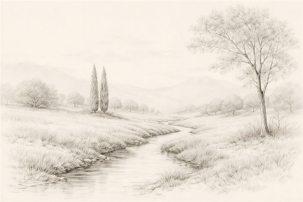 Fototapeten Ruhige Landschaft mit sich schlängelndem Bach