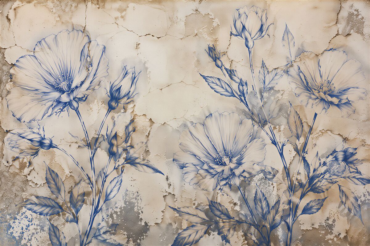 Fototapeten Blaue Blumen auf gealterter Textur