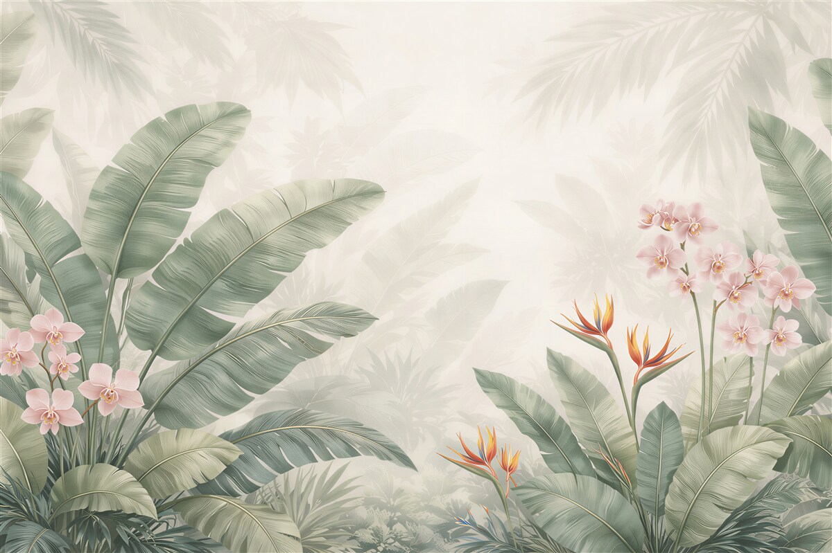 Fototapeten Pastellfarbene tropische Oase aus Blumen