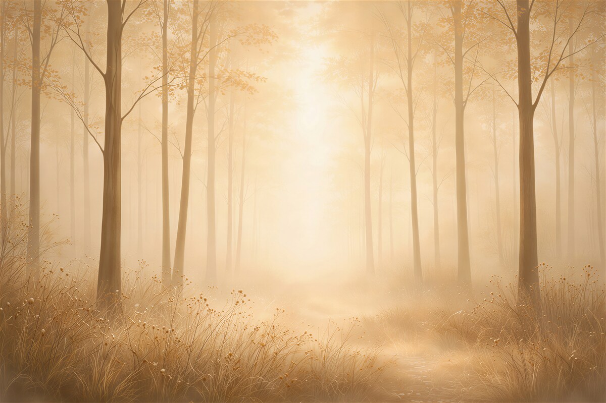 Fototapeten Goldener nebliger Wald im Morgengrauen