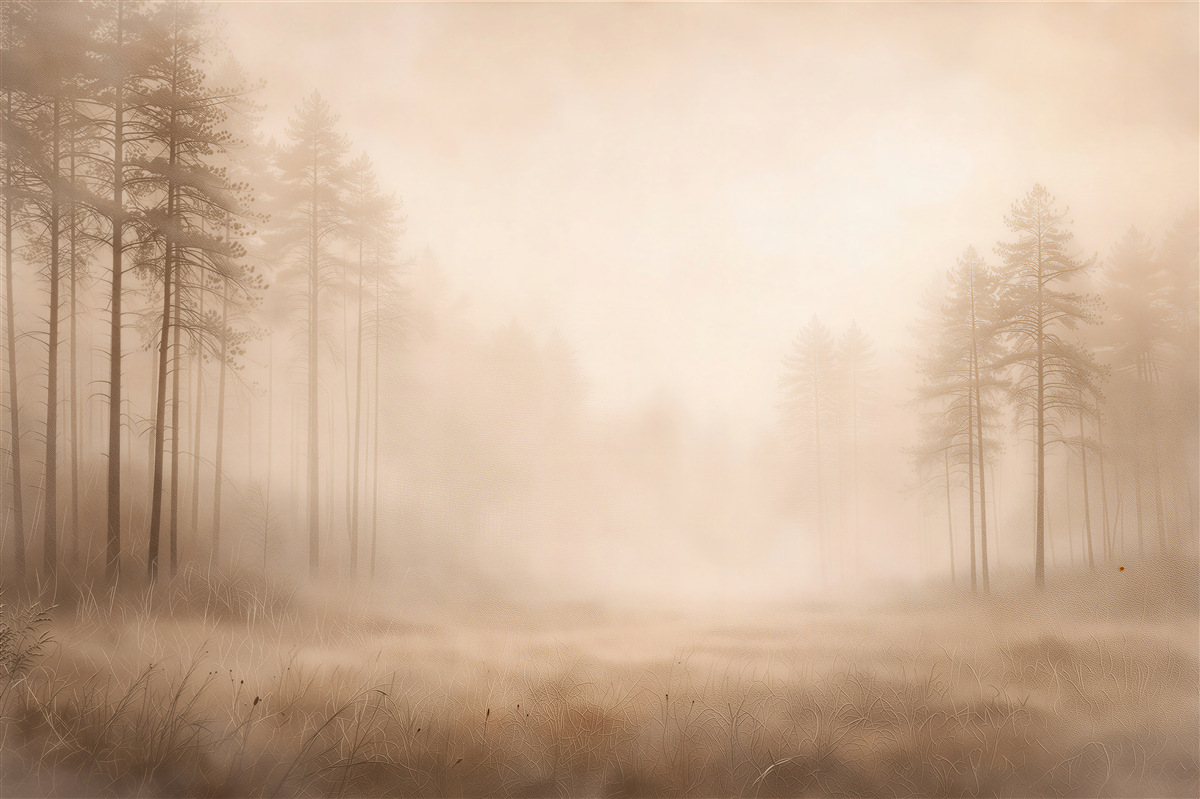 Fototapeten Kiefernwald im pastellfarbenen Nebel