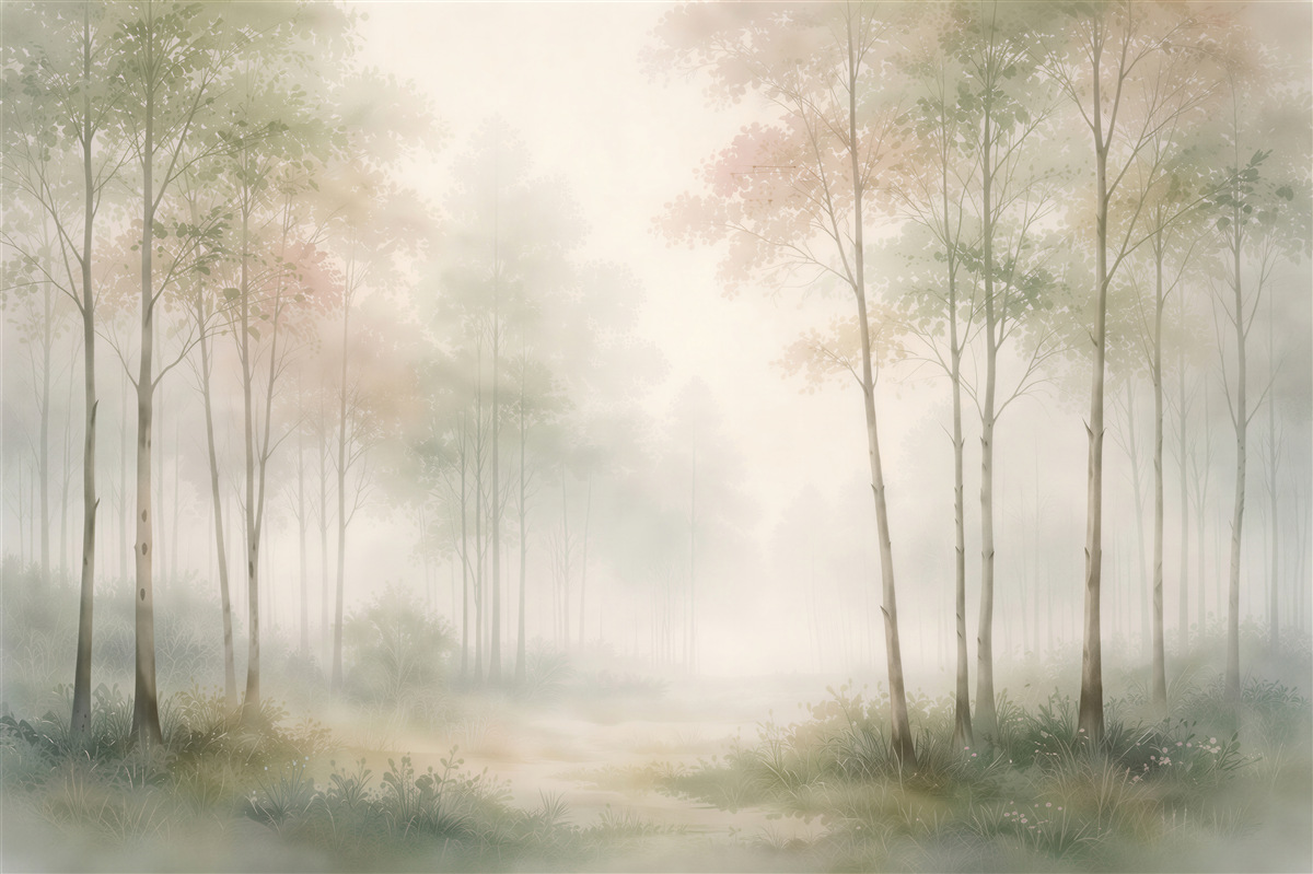 Fototapeten Zarter Waldmorgen in Pastelltönen