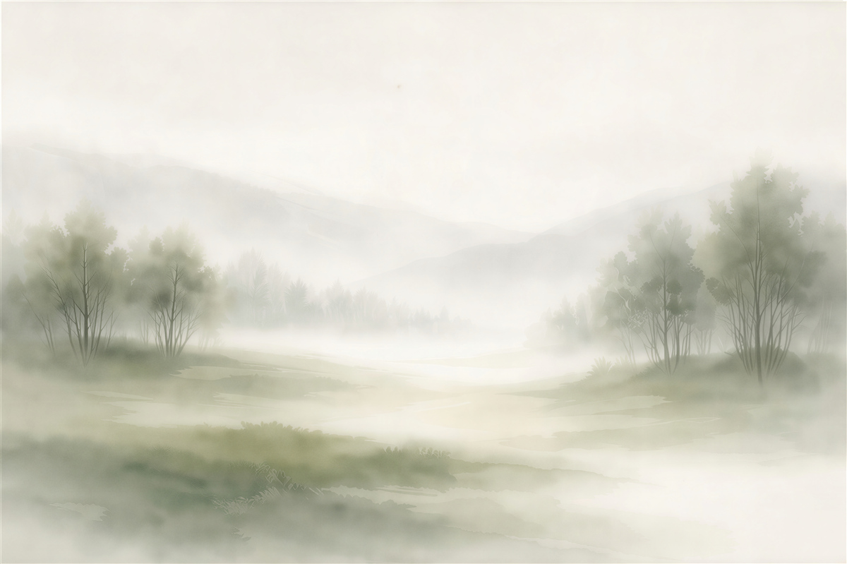 Fototapeten Neblige Landschaft eines ruhigen Tals