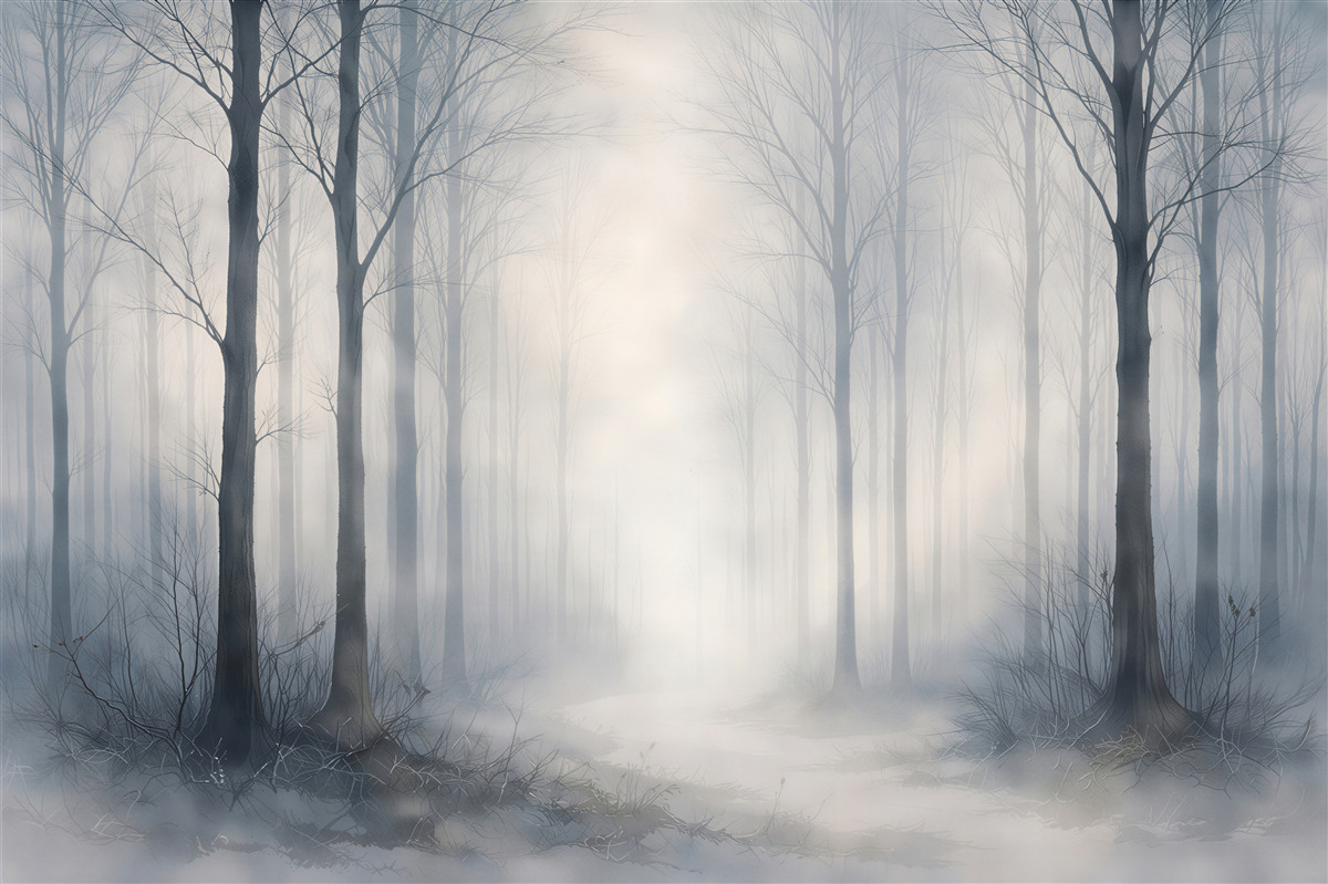 Fototapeten Winterwald im blauen Nebel