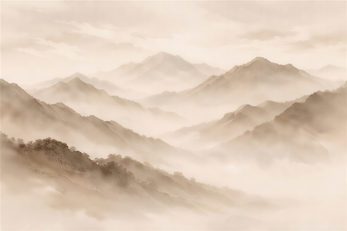 Fototapeten Beige Berge im milchigen Nebel