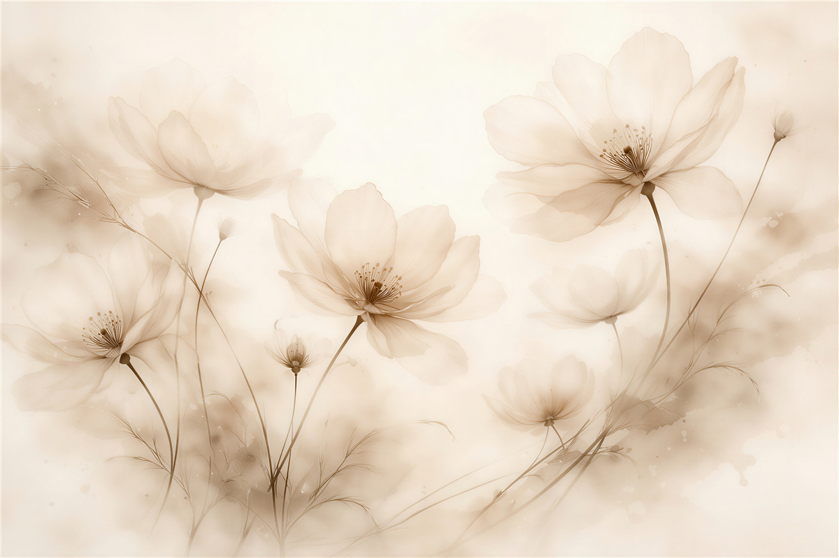 Fototapeten Zarte Blumen im cremefarbenen Nebel