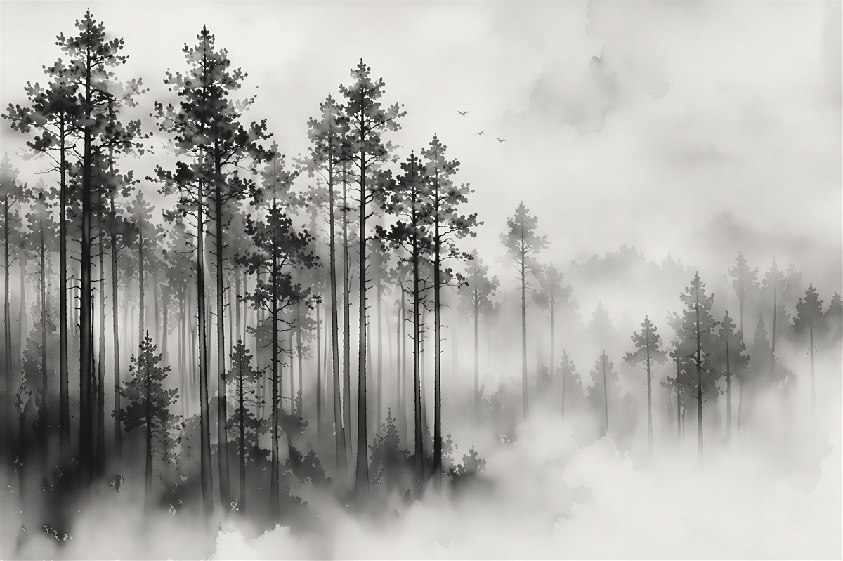Fototapeten Nebeliger Wald in Monochrom