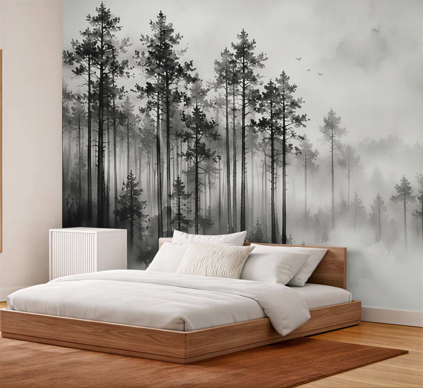 Fototapeten Nebeliger Wald in Monochrom