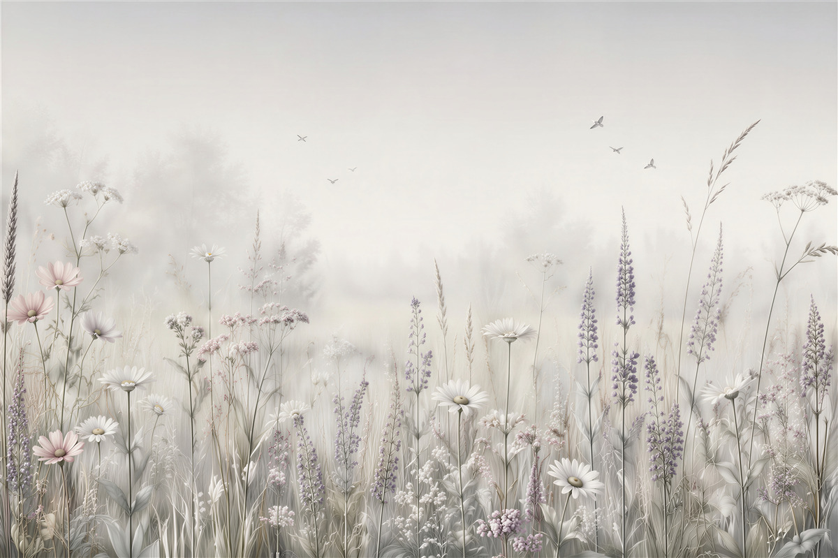 Fototapeten Pastellwiese im zarten Nebel