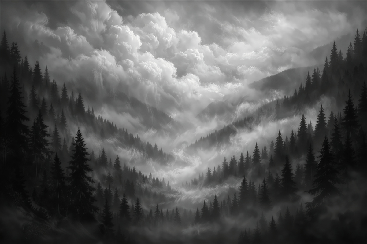 Fototapeten Dunkler Wald im stürmischen Nebel