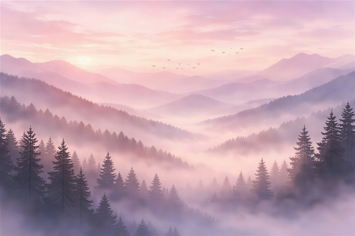 Fototapeten Rosa Morgenröte über nebligen Bergen