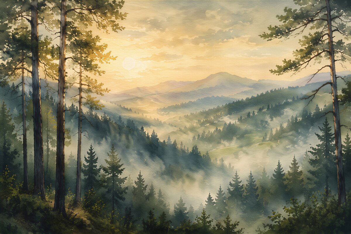 Fototapeten Gemalter Bergwald im Morgengrauen