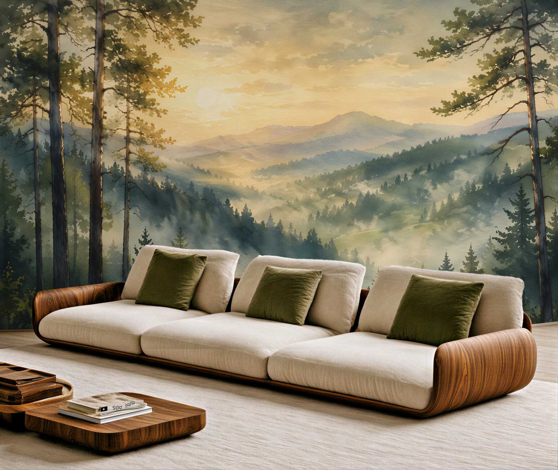 Fototapeten Gemalter Bergwald im Morgengrauen