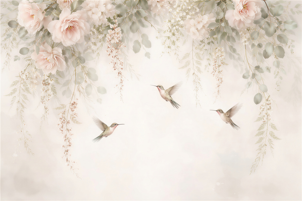 Fototapeten Pudrige Blumen und Kolibris der Träume