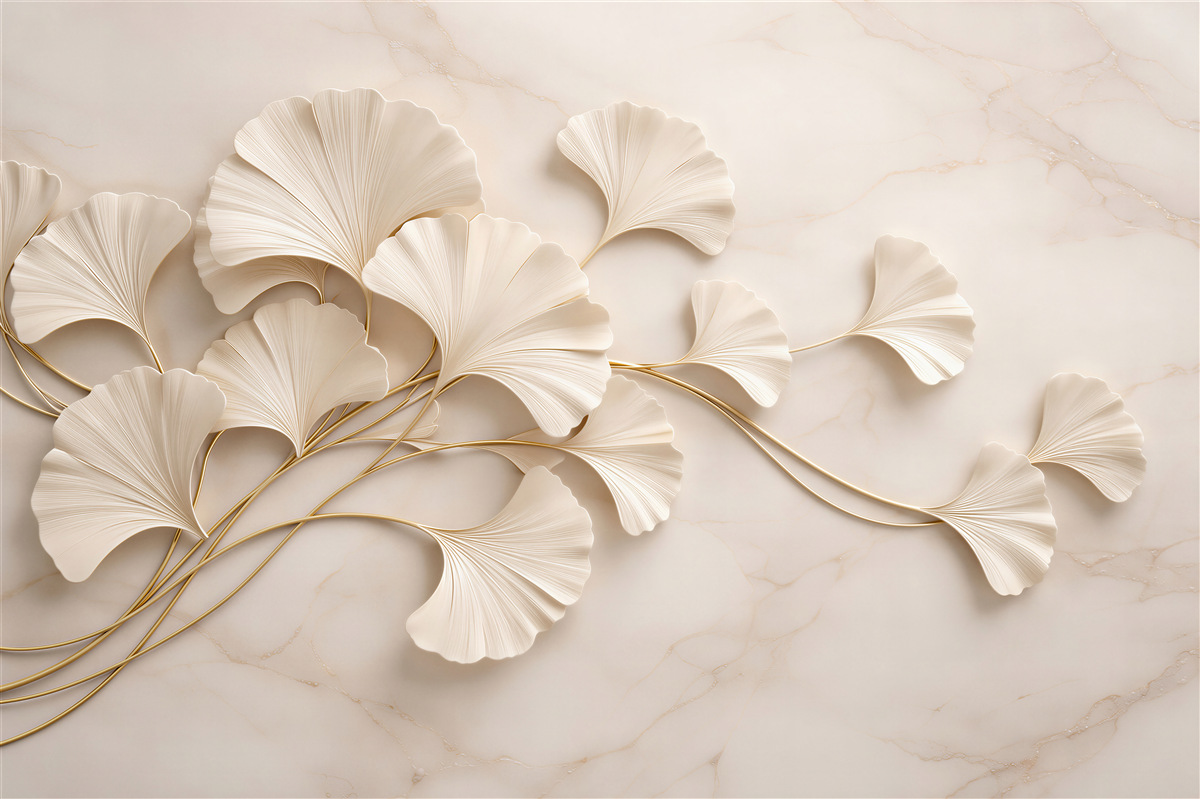 Fototapeten Cremefarbene Ginkgoblätter mit Gold