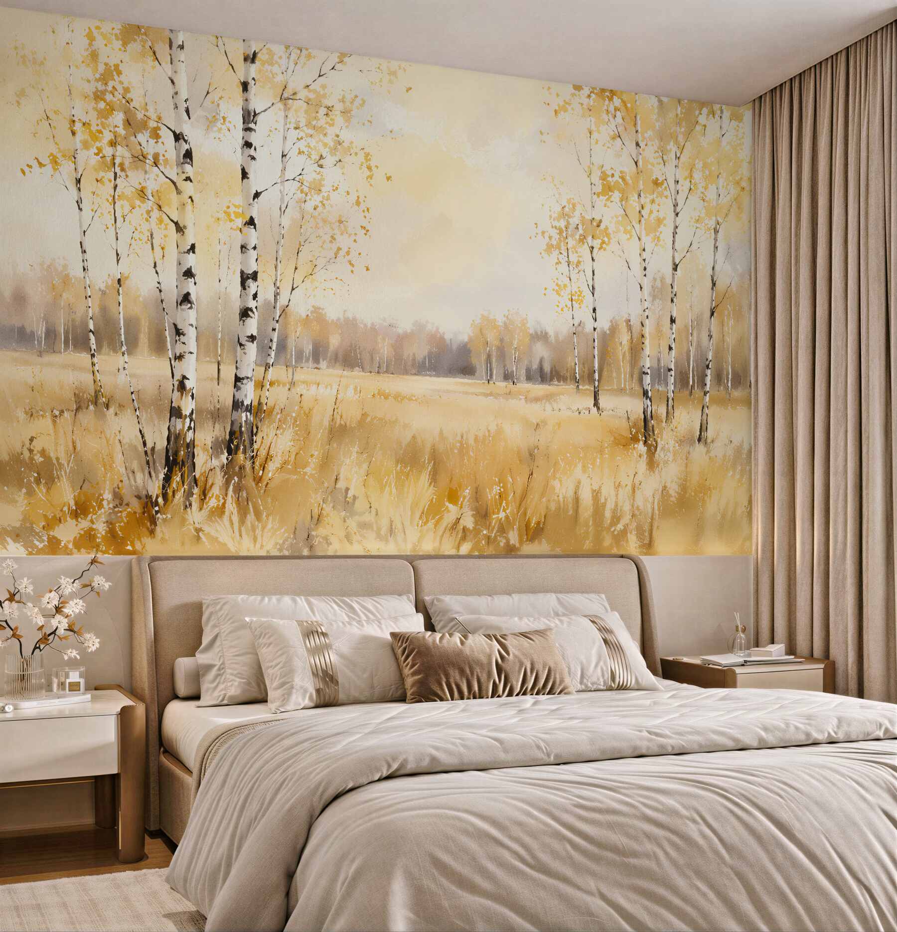 Fototapeten Goldene Birkenlandschaft im Licht