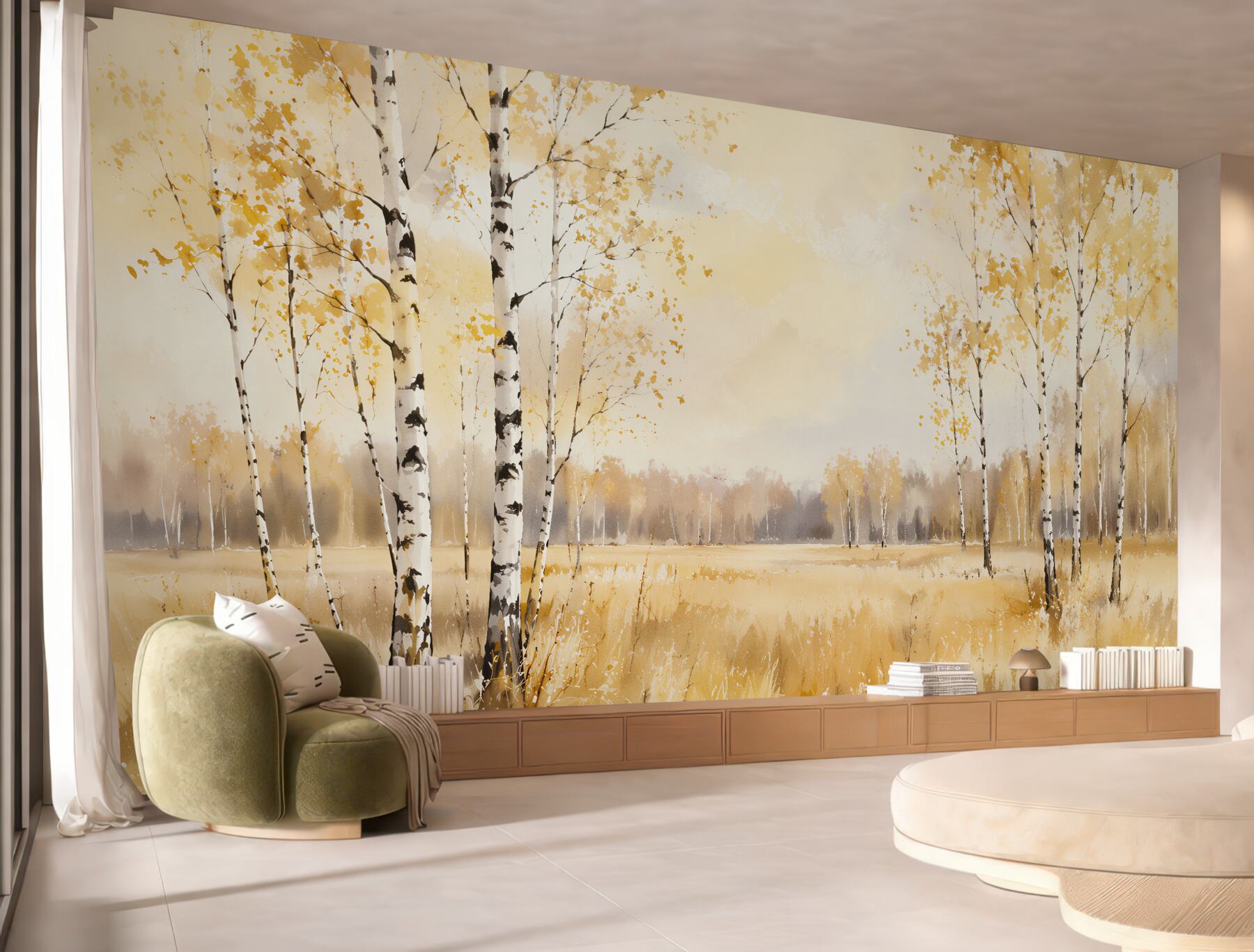 Fototapeten Goldene Birkenlandschaft im Licht