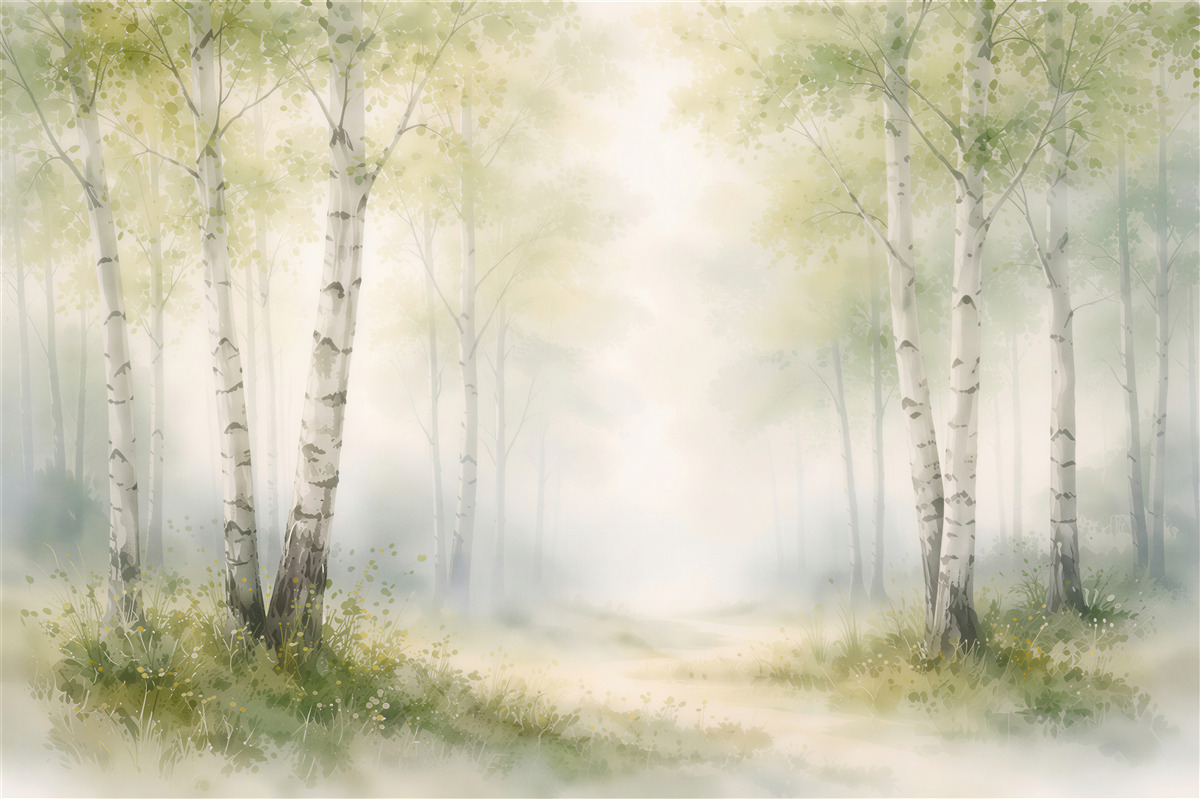 Fototapeten Nebeliger Birkenwald am Morgen
