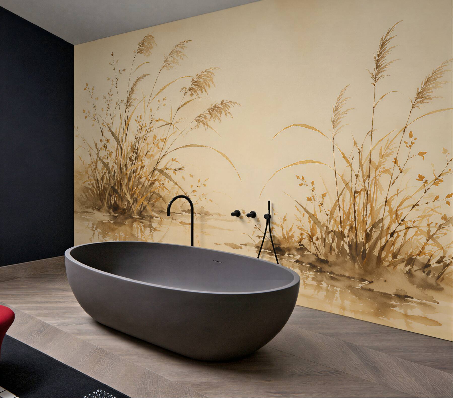 Fototapeten Goldene Gräser am stillen Wasser