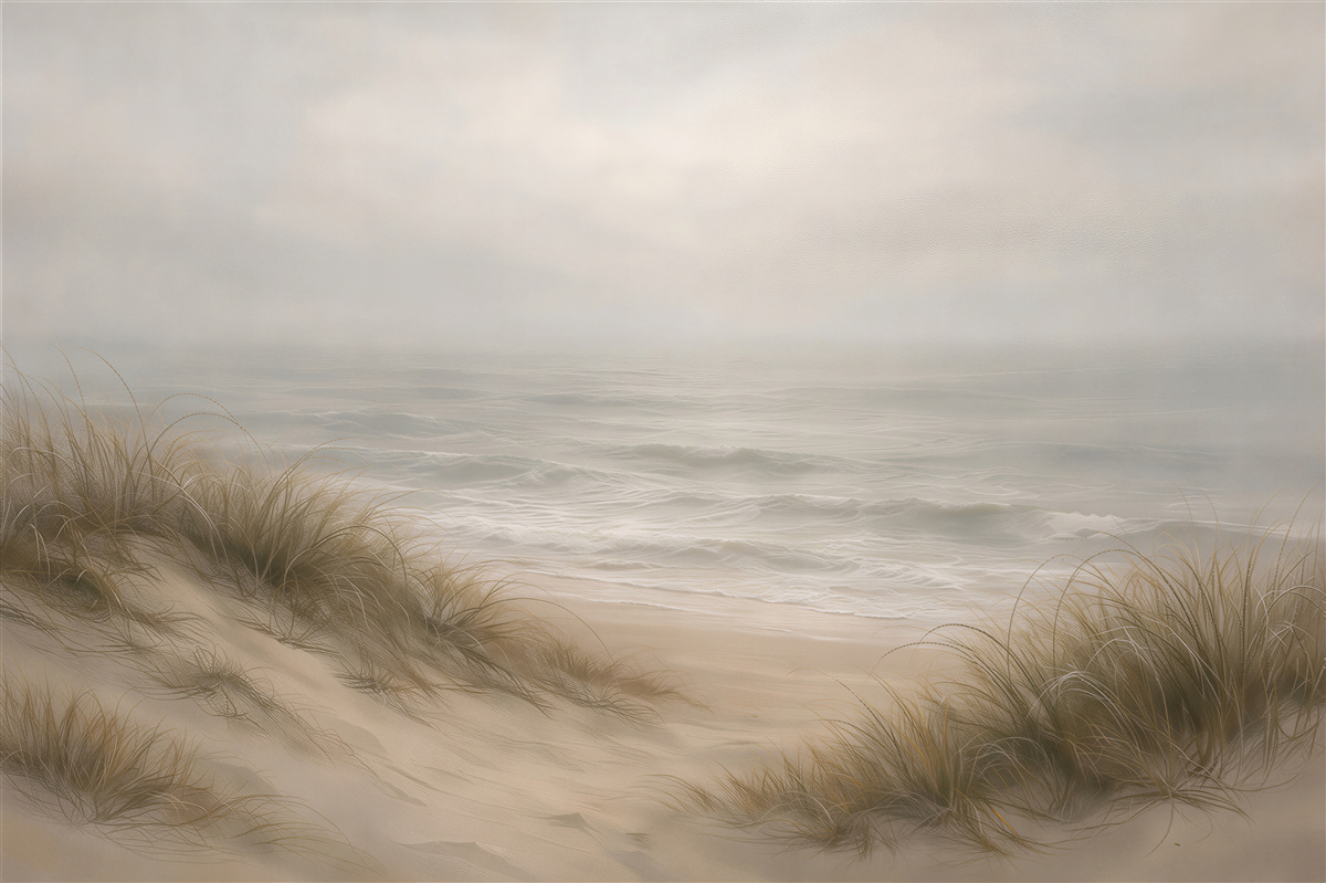 Fototapeten Nebliger Strand mit Küstendünen