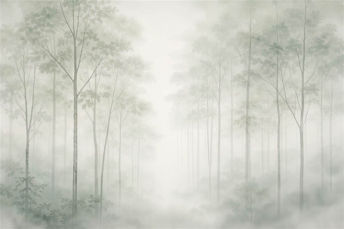 Fototapeten Ätherischer Wald im pastellfarbenen Nebel