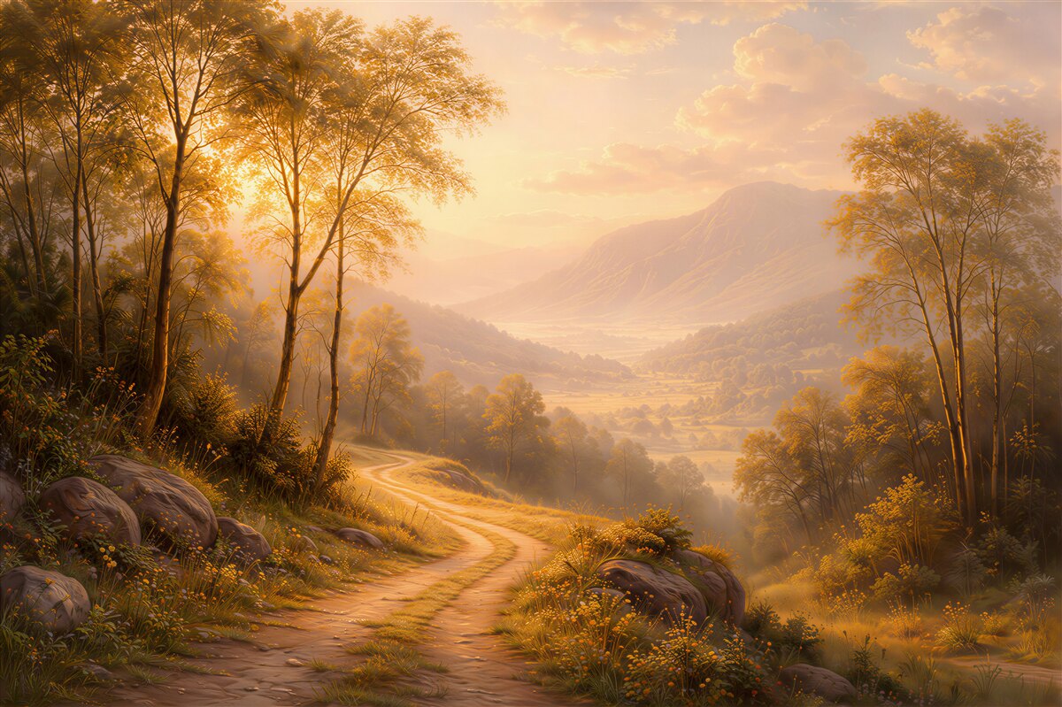 Fototapeten Goldener Weg durch das Gebirgstal