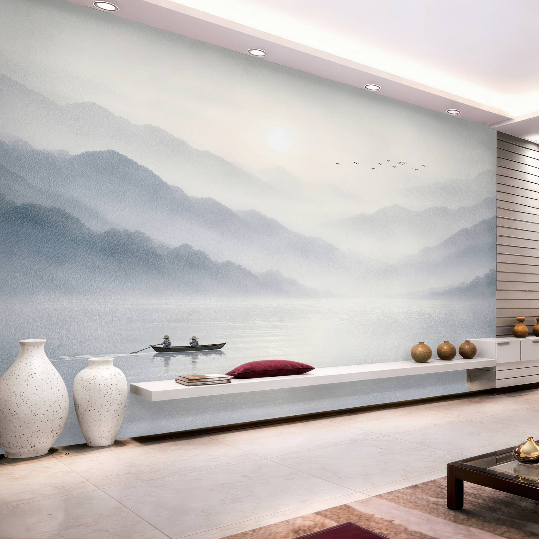 Fototapeten Nebliger Morgen am See