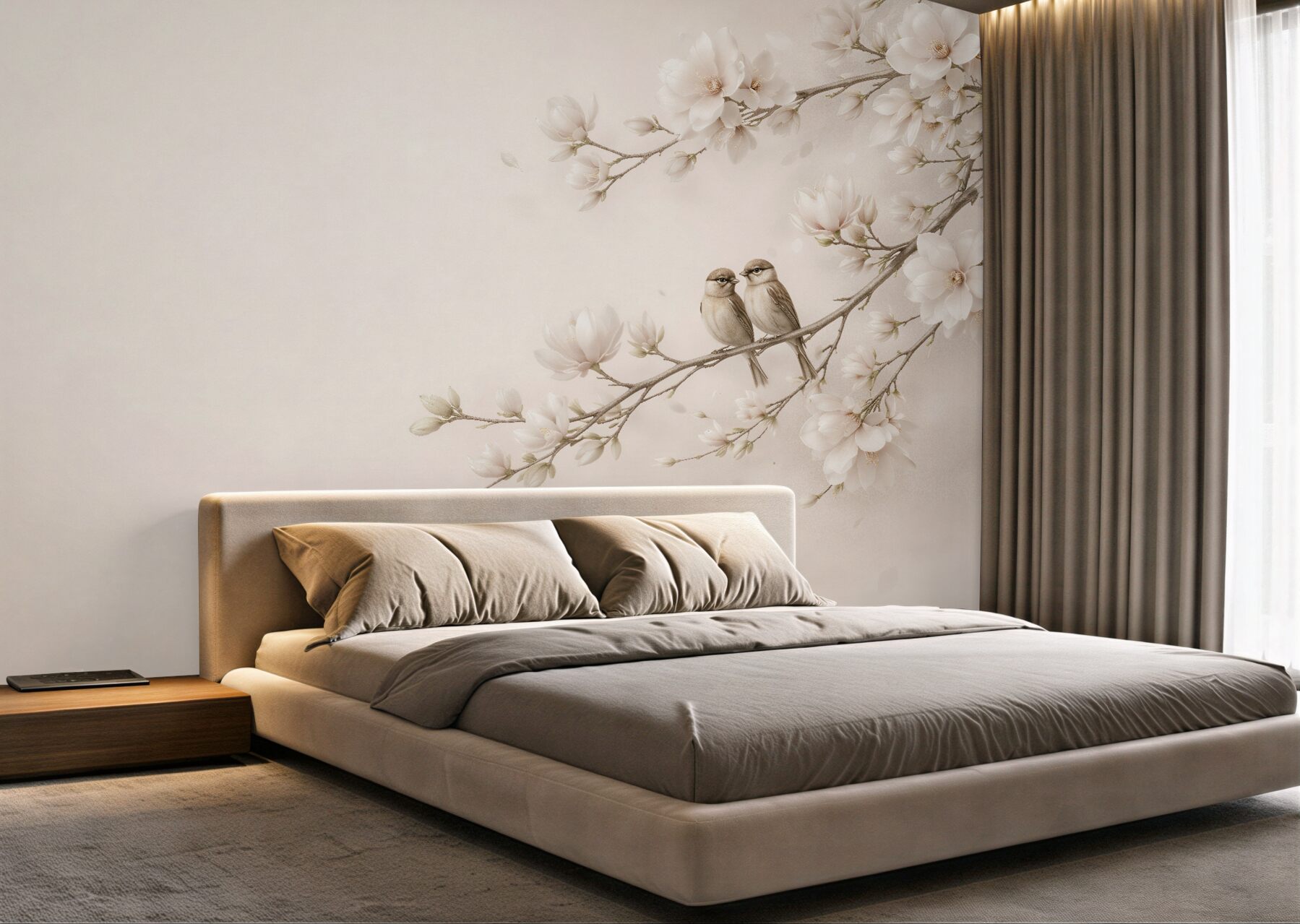 Fototapeten Magnolien mit Vögelchen in Beige