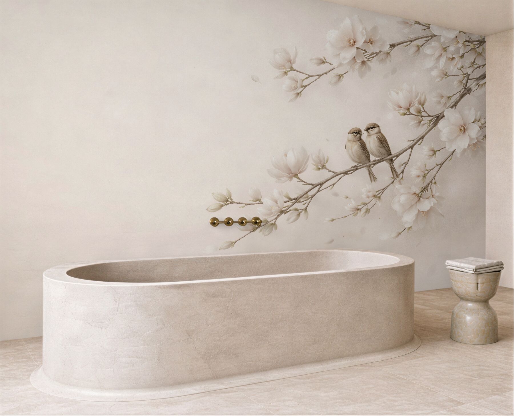 Fototapeten Magnolien mit Vögelchen in Beige