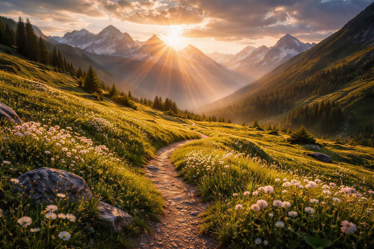 Fototapeten Sonniger Pfad im Bergtal