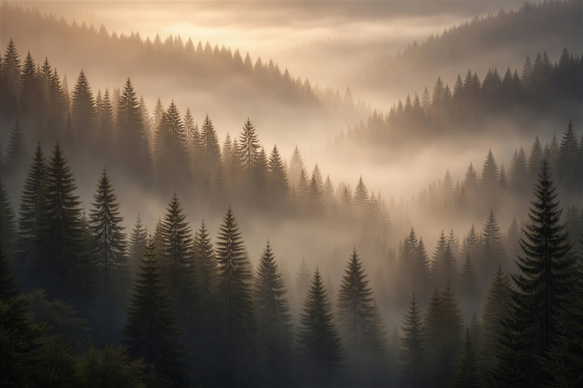 Fototapeten Nebliger Morgen im Bergwald