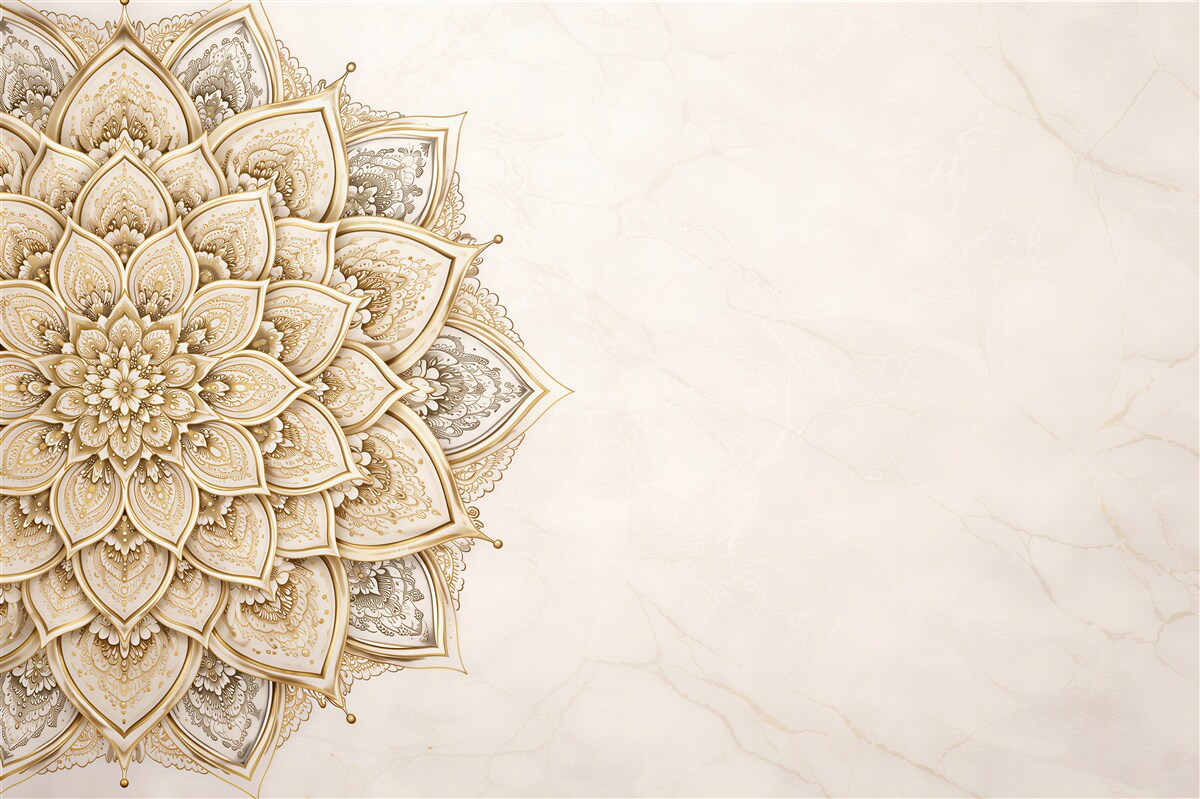 Fototapeten Goldene Mandala auf hellem Marmor