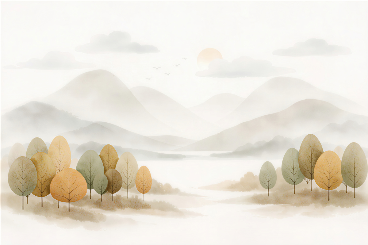 Fototapeten Neblige Landschaft mit Bäumen