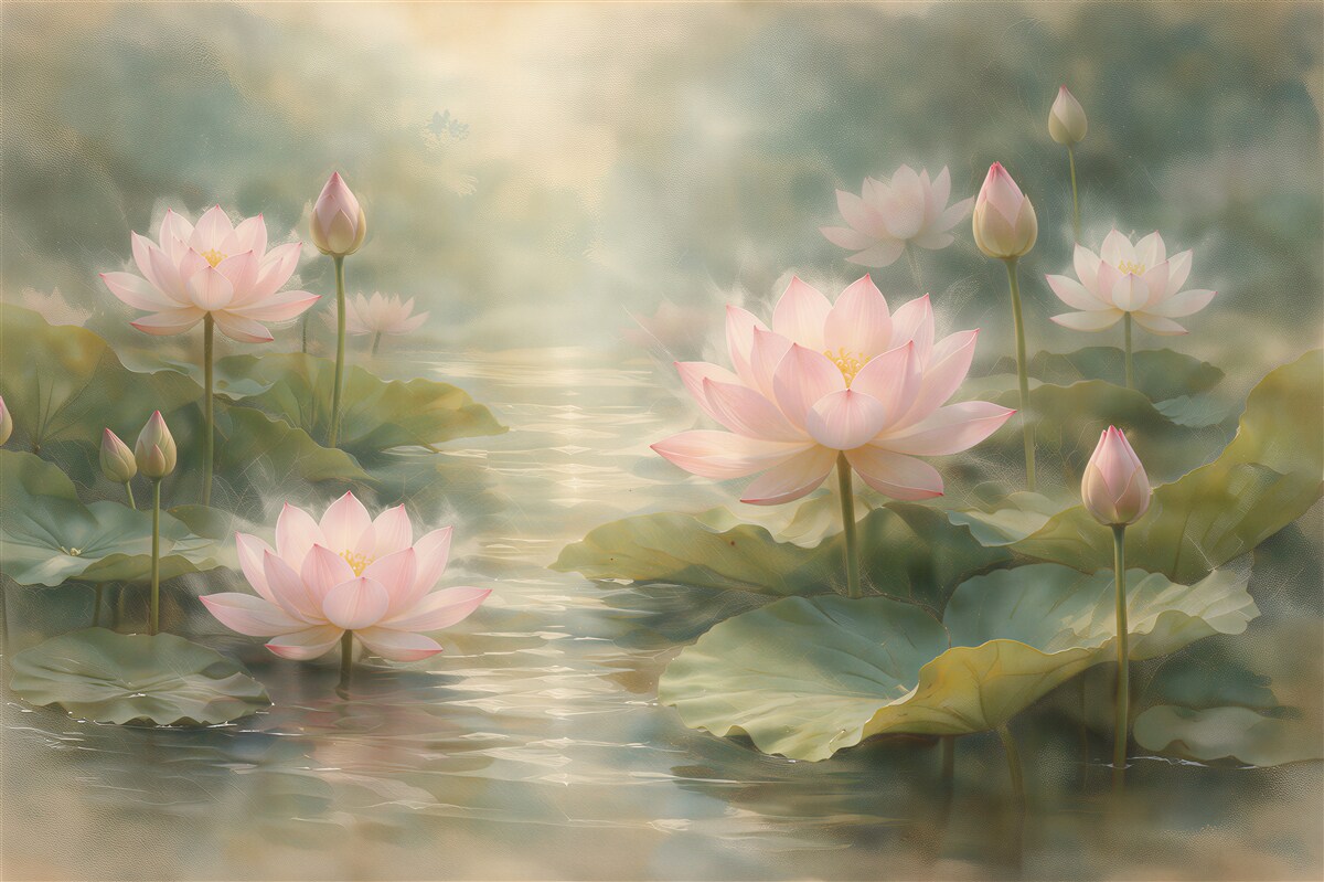Fototapeten Lotusblumen auf einem nebligen Teich