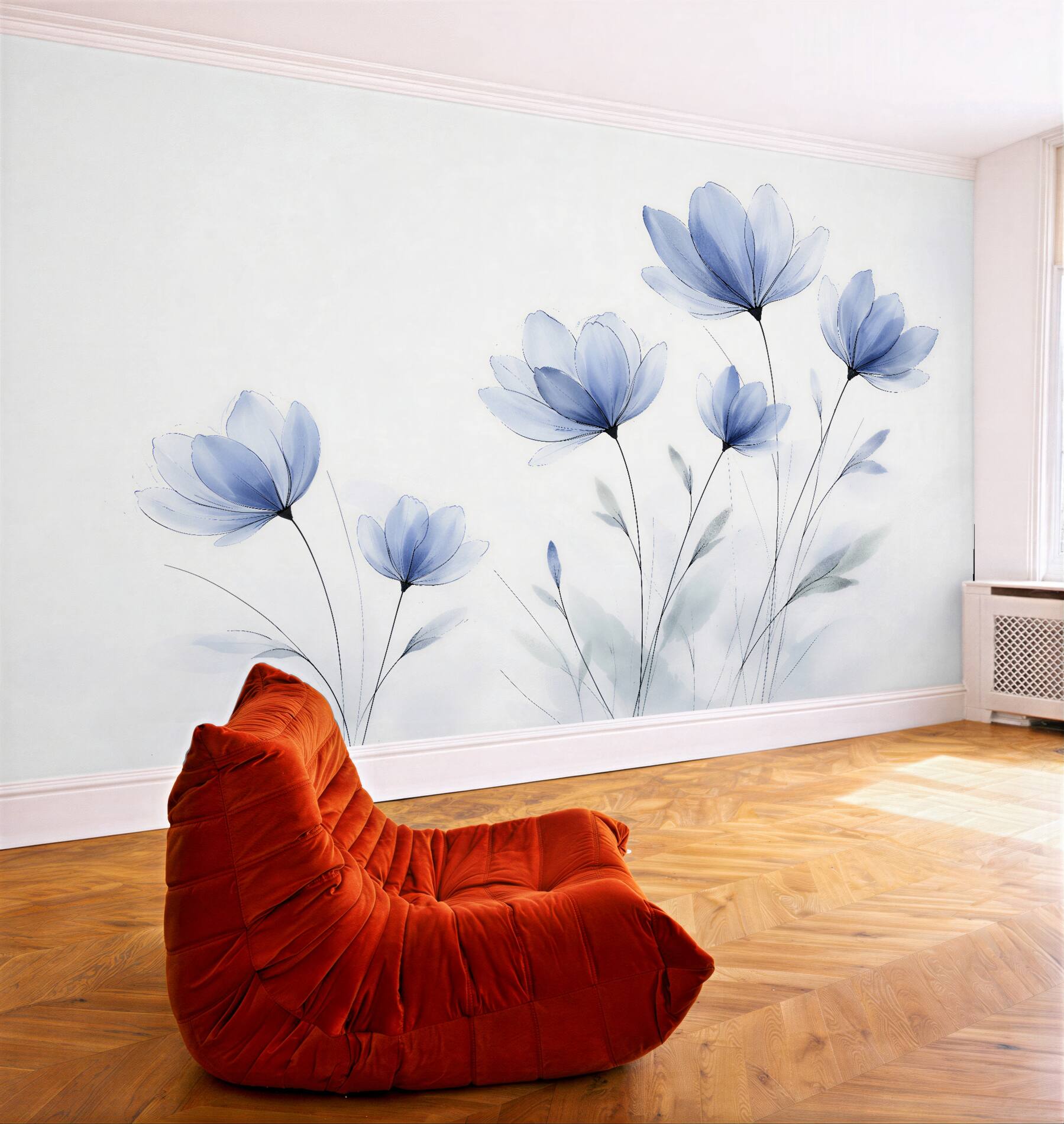 Fototapeten Blaue Blumen im zarten Nebel