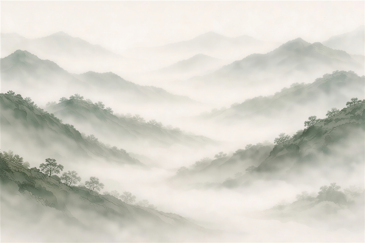 Fototapeten Bergnebel in pastelliger Landschaft