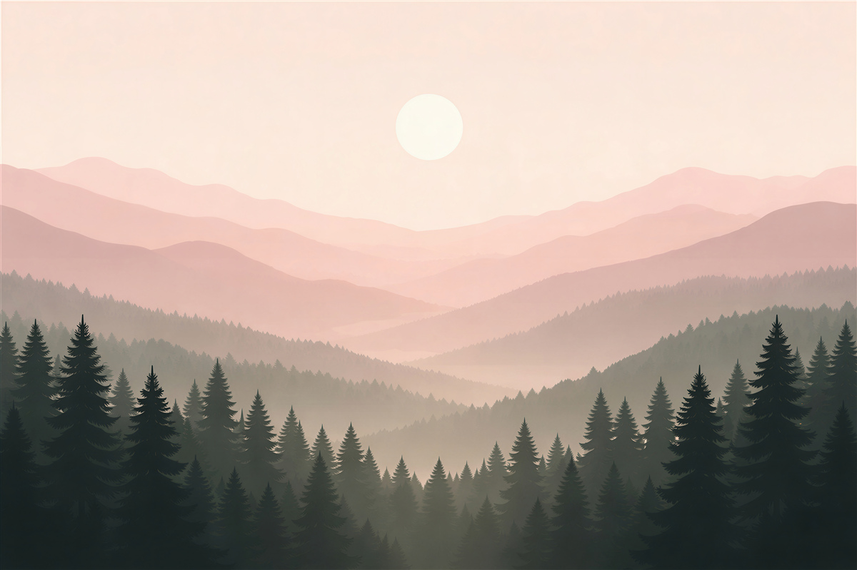 Fototapeten Nebeliger Morgengrauen über dem Bergwald