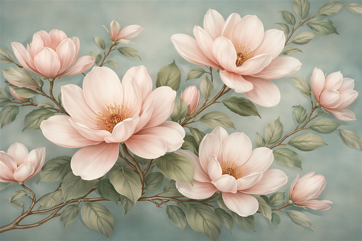 Fototapeten Puderfarbene Magnolien auf türkisfarbenem Hintergrund