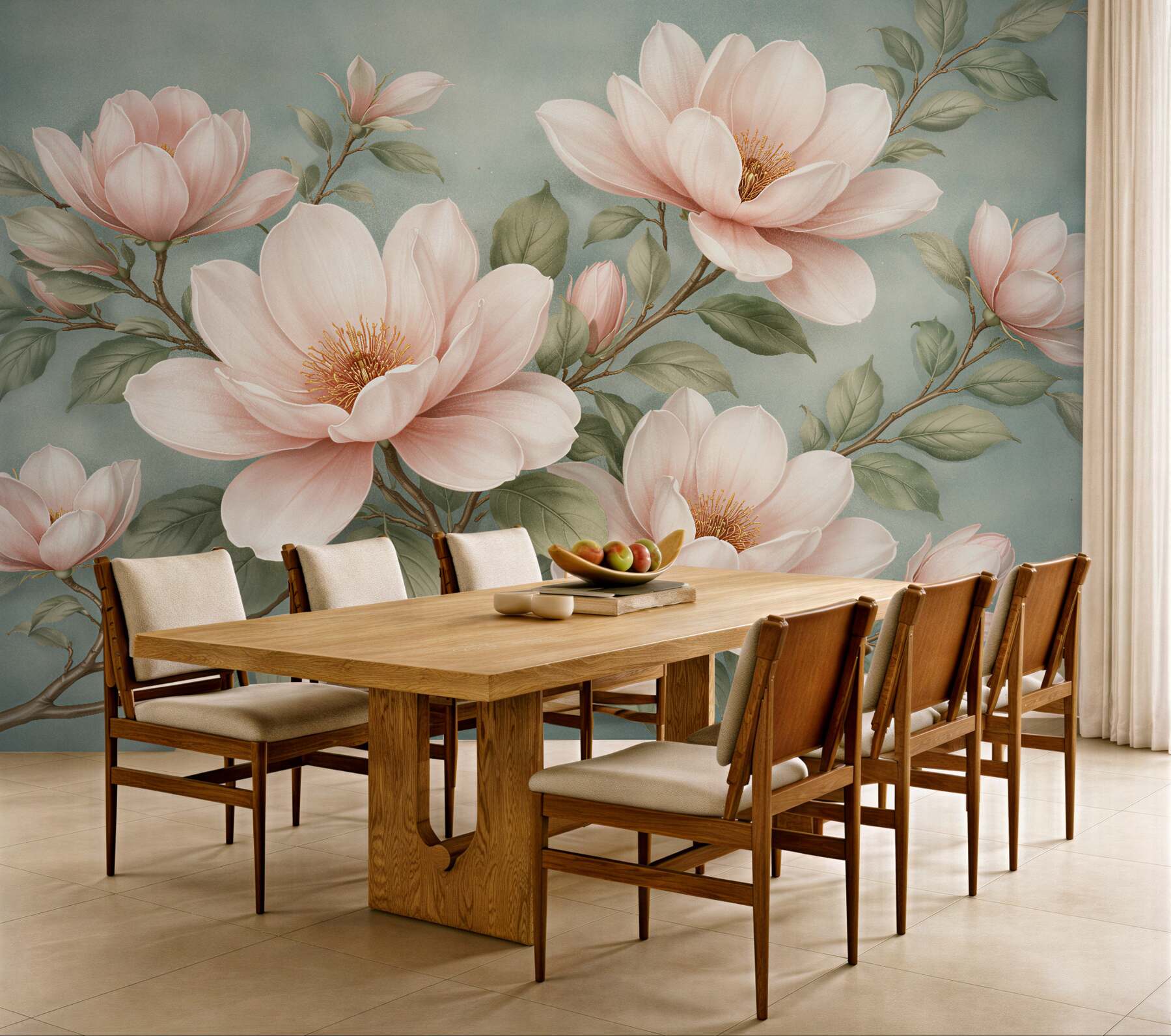 Fototapeten Puderfarbene Magnolien auf türkisfarbenem Hintergrund