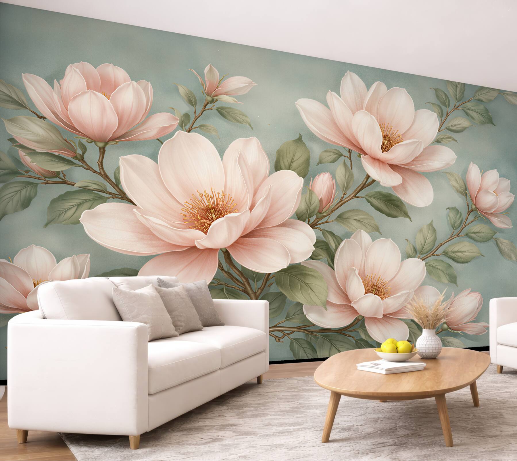 Fototapeten Puderfarbene Magnolien auf türkisfarbenem Hintergrund