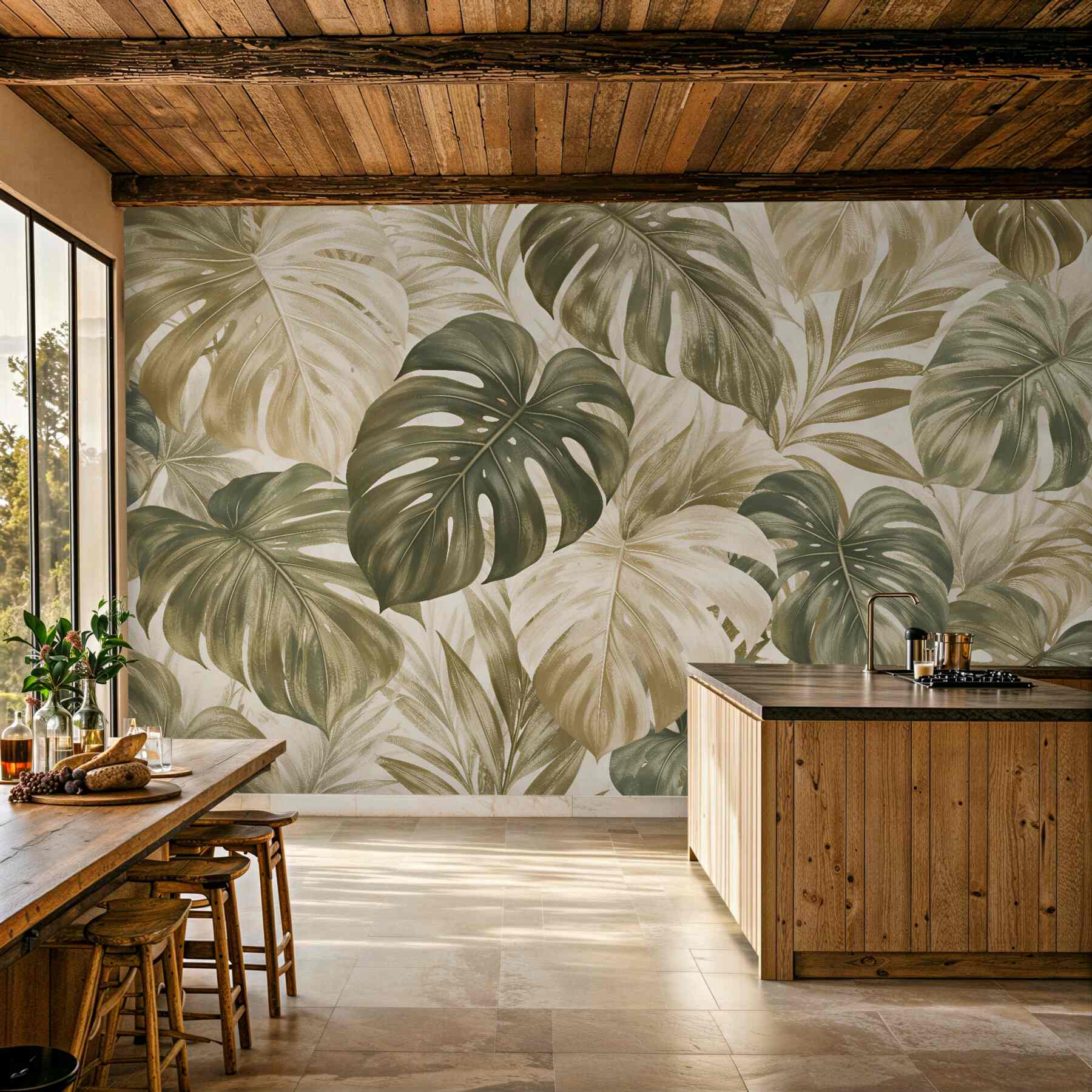 Fototapeten Beige Monstera-Blätter im Retro-Stil