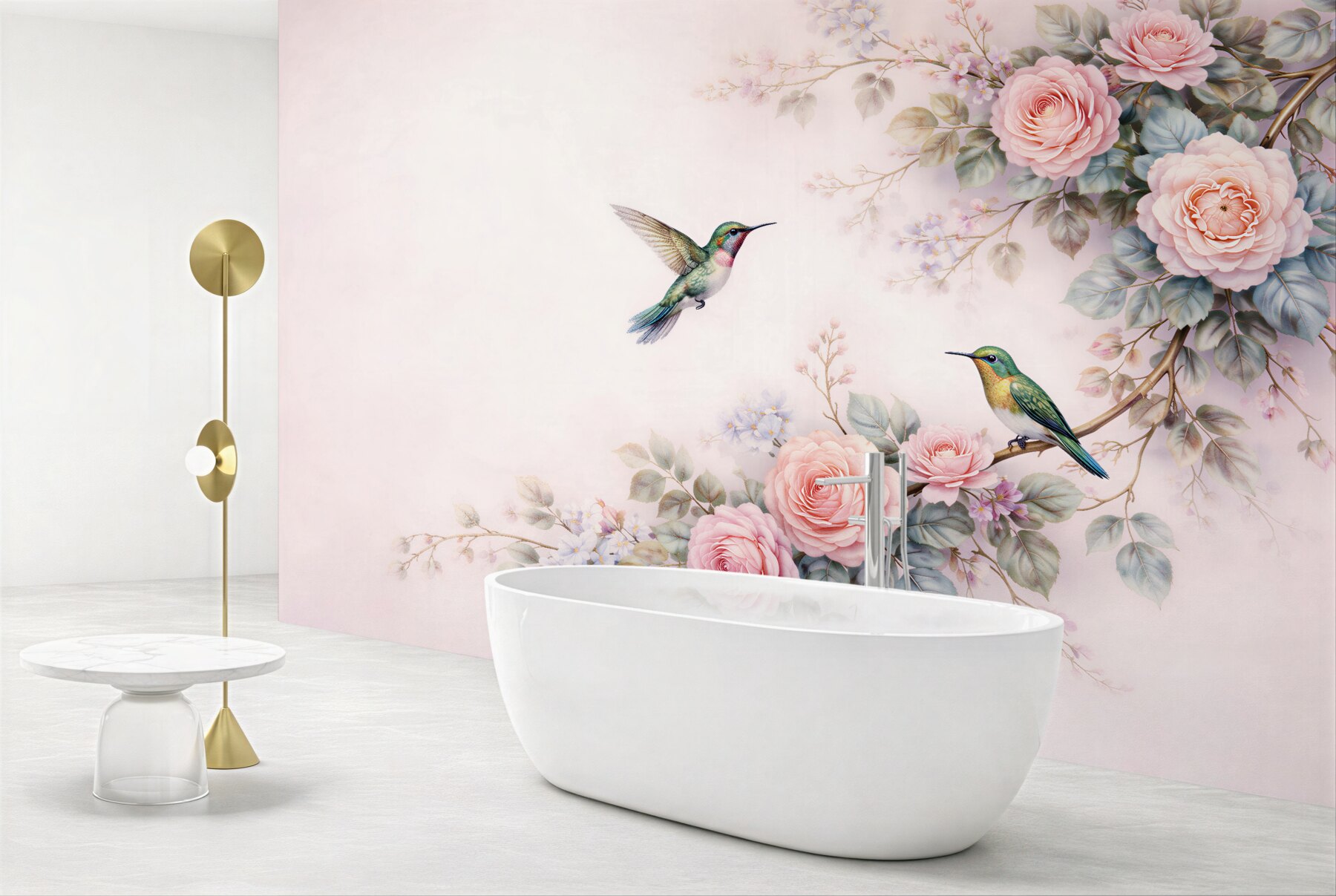 Fototapeten Kolibris unter pastellfarbenen Rosen