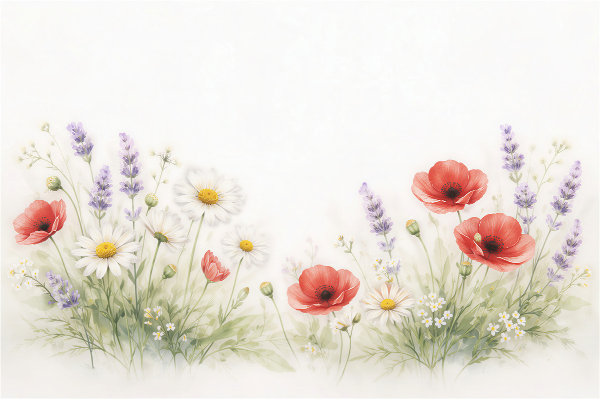 Fototapeten Aquarellwiese mit Mohn und Lavendel