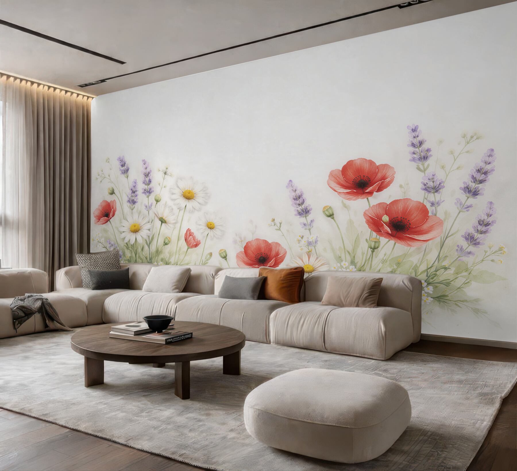 Fototapeten Aquarellwiese mit Mohn und Lavendel