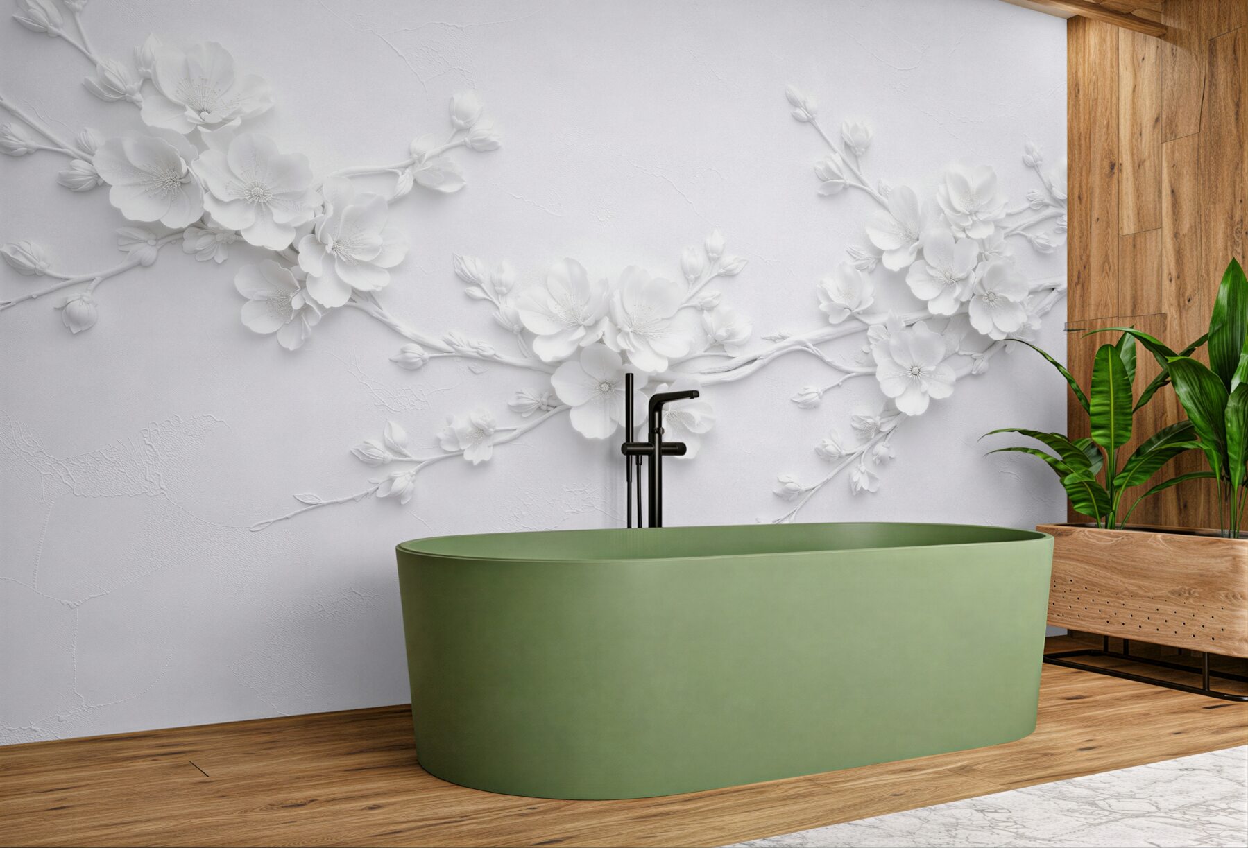 Fototapeten Weiße Blumen auf einem Ast 3D