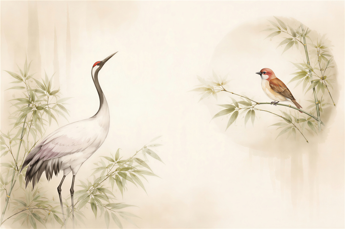 Fototapeten Kranich und Vogel im Bambus