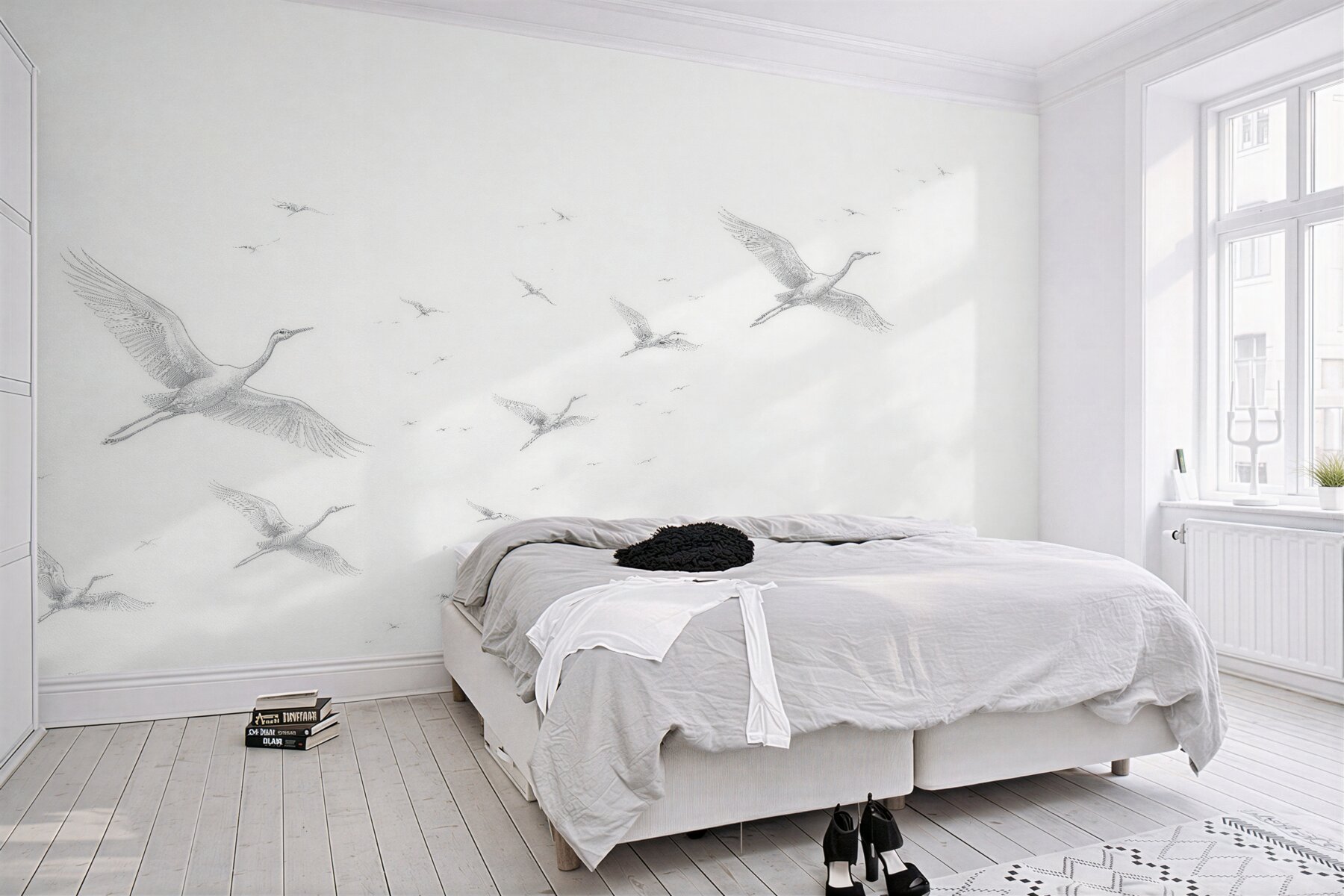 Fototapeten Subtiler Flug weißer Kraniche